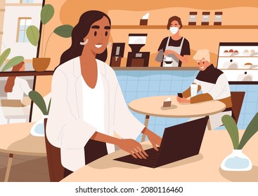 Person work in coffee shop. Freelancer with laptop, sitting at table in coffeehouse. Woman working online through internet in modern city cafe. Freelance worker in coffeeshop. Flat vector illustration