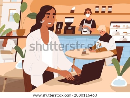 Person work in coffee shop. Freelancer with laptop, sitting at table in coffeehouse. Woman working online through internet in modern city cafe. Freelance worker in coffeeshop. Flat vector illustration
