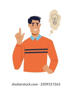 Person at work concept. Man with light bulb. Young guy with idea for start up of business project. Worker in office. Poster or banner. Flat vector illustration isolated on white background