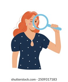 Concepto de persona en el trabajo. Mujer con lupa. Chica joven con lupa. Trabajador en la oficina. Elemento gráfico para Sitio web. Ilustración vectorial plana aislada sobre fondo blanco