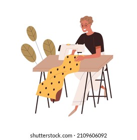 Person work with fabric at sewing machine. Seamstress sew clothes. Woman sewer working with textile. Garment production. Flat graphic vector illustration of needlewoman isolated on white background