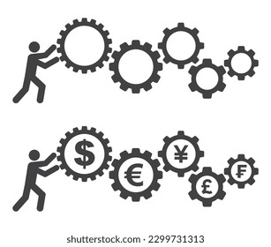 Person work with gears mechanism currency icon inside