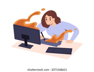 La persona trabaja duro en el ordenador. El concepto de la fecha límite de combustión. Mujer ocupada apresurándose, trabajando con prisa en el escritorio. El empleado de PC se retrasa con el proyecto. Ilustración vectorial plana aislada en fondo blanco