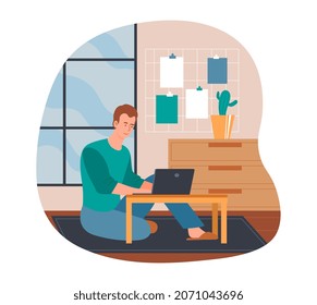 Person work at home. Freelancer, comfortable workplace, comfort, free schedule. Remote employee, worker. Modern technologies, internet. Character with laptop. Cartoon flat vector illustration