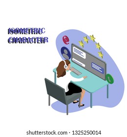 Person work and interacting with icons and devices Data analysis and office situations 3D Isometric vector illustration  application and website header images on white background