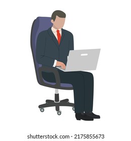 Person work with laptop through internet. Freelance worker working online. Freelancer sitting in chair and typing smth with computer on laps. Flat vector illustration isolated on white background