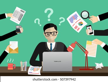 Person at work multitasking, stress in office.