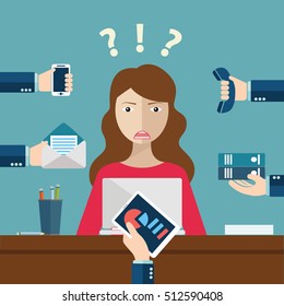Person at work multitasking, stress in office