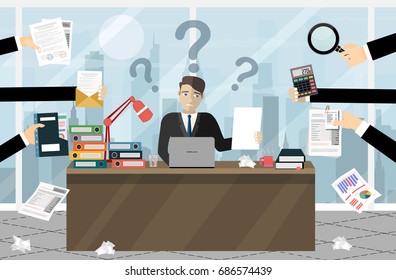 Person at work multitasking, stress in office. Business man surrounded by hands with office things.