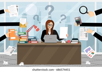 Person at work multitasking, stress in office. Business woman surrounded by hands with office things.