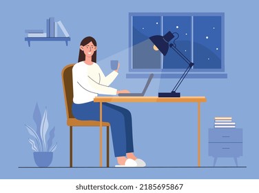 Person work at night. Young girl at night sits behind laptop with cup of coffee or tea. Responsible employee, freelancer works until late. Motivated character. Cartoon flat vector illustration