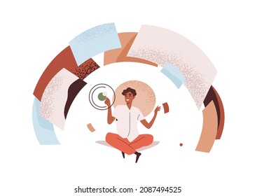 Person work under abstract project. Man building, organizing and managing business system. Data flow streamline, management and analysis concept. Flat vector illustration isolated on white background