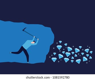 Person worker digging and mining for diamond in an underground tunnel.
Vector illustration banner.