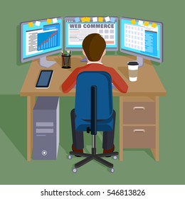 Person working in the computer. Concept trade Internet. Flat vector illustration of style.