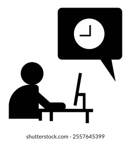 Person working at computer desk, clock symbol in speech bubble, black and white graphic, time management concept, simple silhouette design, productivity illustration.