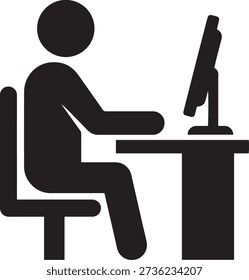 Person working at computer desk icon. Vector silhouette of an employee sitting and looking at a monitor screen.