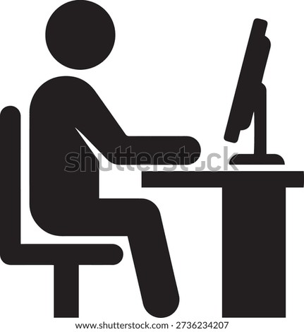 Person working at computer desk icon. Vector silhouette of an employee sitting and looking at a monitor screen.