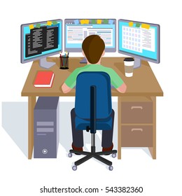 Person working at the computer. Flat style vector illustration.