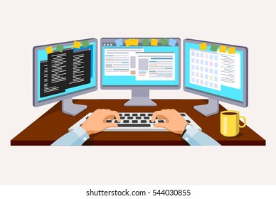 Person working at the computer. Flat style vector illustration.