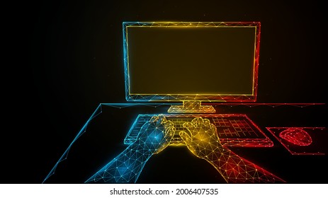 Person working at a computer. Using a computer. Polygonal vector illustration of human hands, computer monitor and computer mouse. Gaming concept