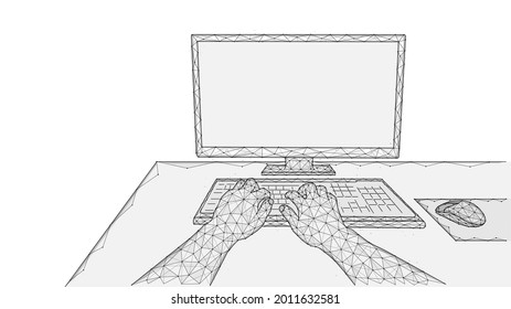 Person working at a computer. Using a computer. Polygonal vector illustration of human hands, computer monitor and computer mouse. Workplace concept.