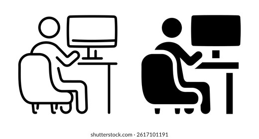 Person working at computers desk icon. Linear and silhouette style.
