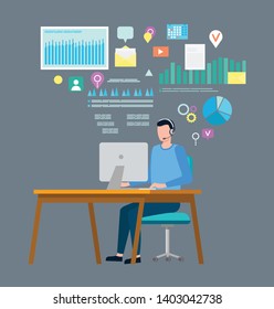 Person working with data info of project vector, freelancer with laptop, charts and gear signs, icon of envelope email, digital pointer location cogwheel