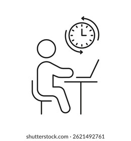 Person Working At Desk With Clock Line Icon. Time Management, Productivity, And Remote Work Outline Symbol. Efficient Workflow And Scheduling. Editable Stroke. Isolated Vector Illustration.