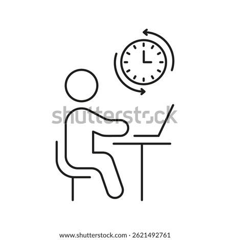 Person Working At Desk With Clock Line Icon. Time Management, Productivity, And Remote Work Outline Symbol. Efficient Workflow And Scheduling. Editable Stroke. Isolated Vector Illustration.