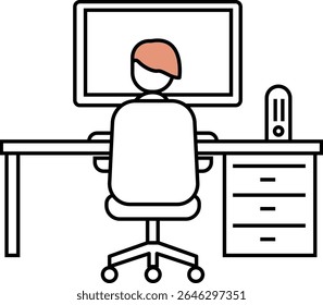 Person working at a desk with a computer and drawers.