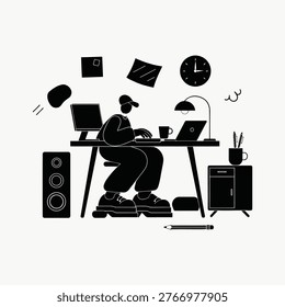 Person Working at a Desk with Computer, Laptop, and Speaker in a Stylized Illustration