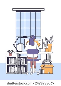 Person working at desk home office minimalistic style plants bookshelves large window