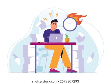 Person working at a desk with laptop, surrounded by papers, with a burning clock symbolizing urgency, on a light background. Concept of stress and deadlines. Vector illustration