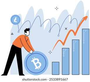 Person working with digital technology bitcoin, remote office statistical analysis. Businessman or freelancer searching for information with data diagram and chart. Technical analysis research concept