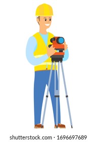 Person working as engineer vector, male wearing special uniform and protective helmet to be secured on building construction. Isolated character with cam