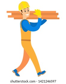 Person working as handyman vector, isolated character in flat style carrying wooden blocks for construction of houses and estates, engineer worker