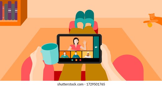 Person working from home while sitting on the couch with a coffee while on a work video conference call concept vector