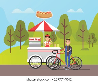 Person working at hot dog shop vector, street food selling in park. Bicyclist buying meal, service for people walking in forest. Hotdog dish with sausage