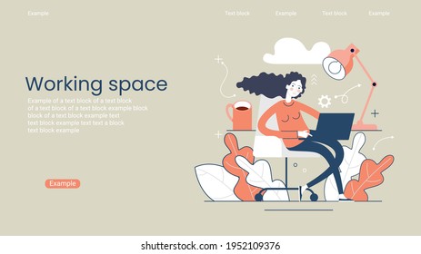Person working with laptop. Freelancing concept. Freelance work page template. Remote work. Distance business. Flat style illustration.
