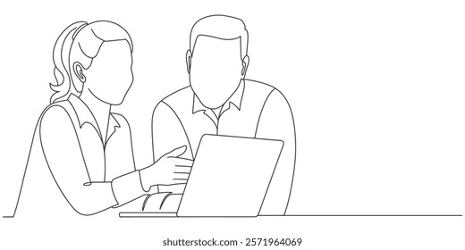 Person working with laptop line art style vector illustration