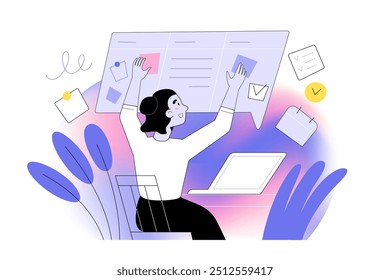 Person working at laptop, managing a project, using a task manager app, taking notes, tracking project tasks, ui elements and icons of calendar, notes, comments floating around, vector illustration
