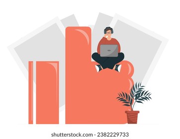 Person working with laptop sitting on huge sign like, rating on social networks, chat in the messenger and comments on the blog, flat vector illustration
