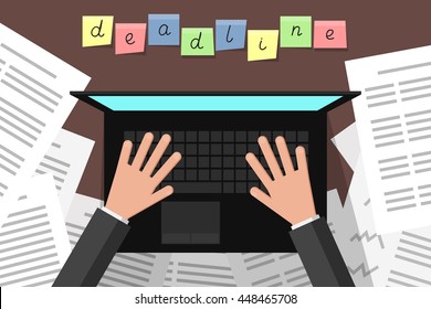 Person is working at laptop; various documents around. Inscription "deadline" at stickers on top. Busy office weekdays concept