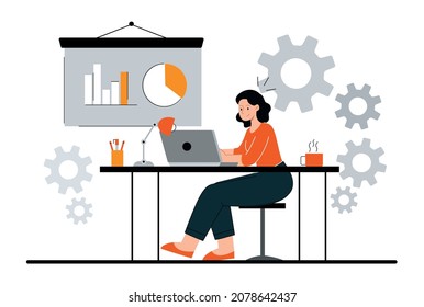 Person working in office. Girl typing on laptop, employee prepares documents. Freelancer carries out project, modern technologies. Coworking, workflow, business.