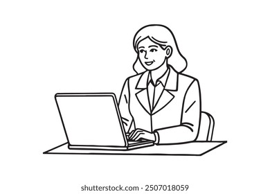 Person Working in Office with laptop line art illustration vector silhoutette
