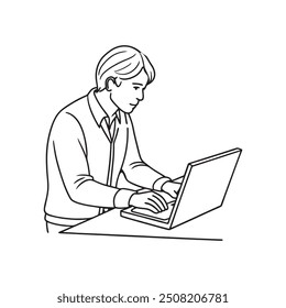 Person Working in Office with laptop line art illustration vector silhoutette