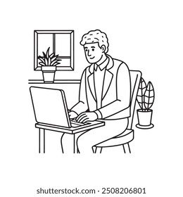 Person Working in Office with laptop line art illustration vector silhoutette