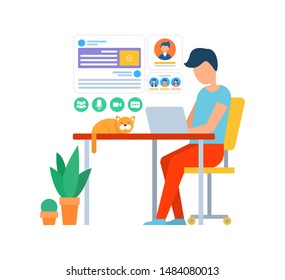 Person Working In Office Using Laptop, Male With Cat Laying On Desk, Plants In Pots. Screen With Users Profile, Worker With Business Project. Vector Illustration In Flat Cartoon Style