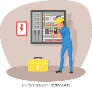 Person Working on Circuit breaker in switch box Concept, Safety switch problems vector icon design, Electrician Profession symbol, Power Supply and wiring Sign, handyman and Repairman tools stock