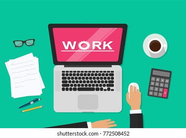 Person working on computer analyzing abstract graph statistic vector illustration, concept of freelancer hands on workplace and analytics work on laptop screen top view, business vector illustration